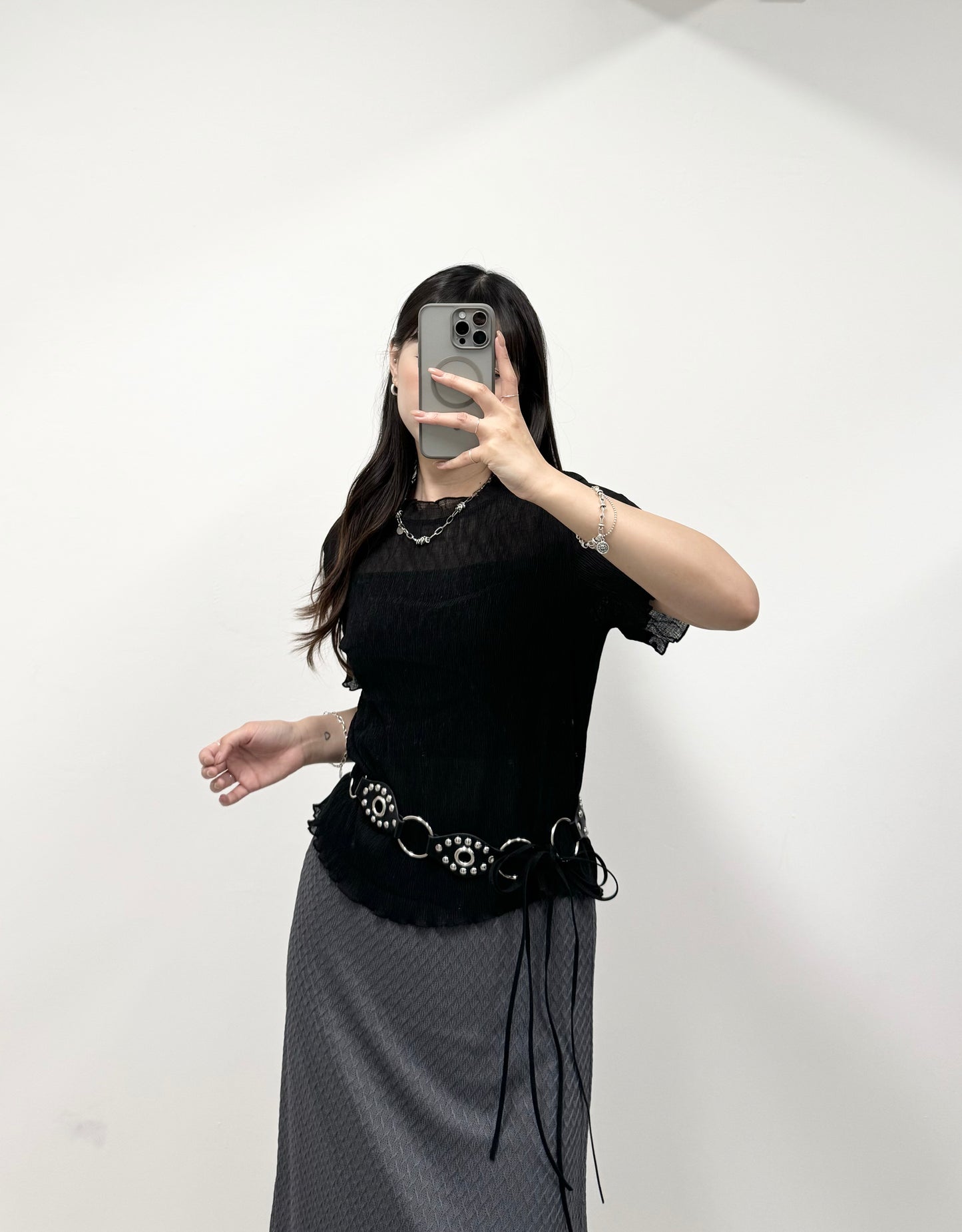 S797 菱形格紋微透上衣