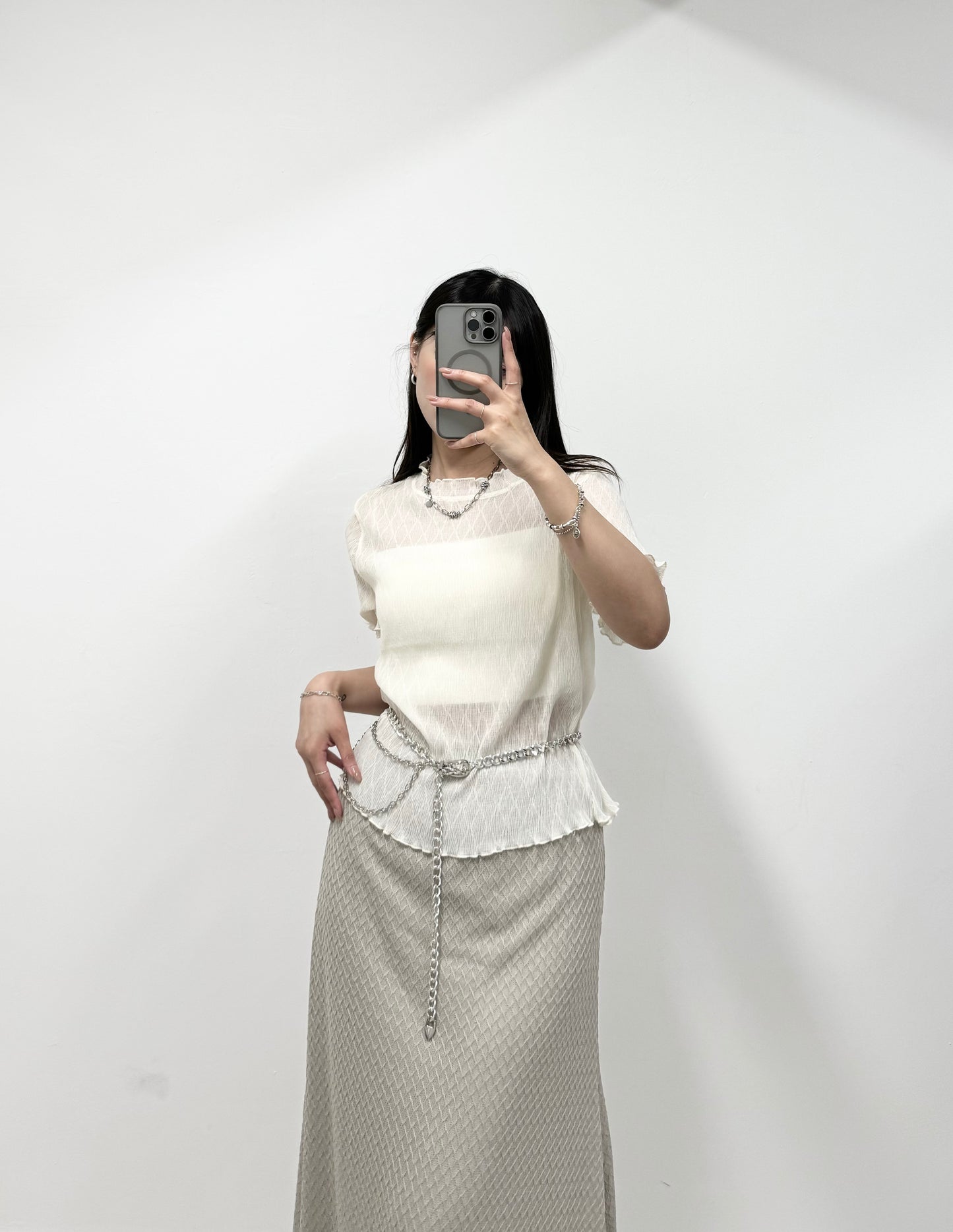 S797 菱形格紋微透上衣