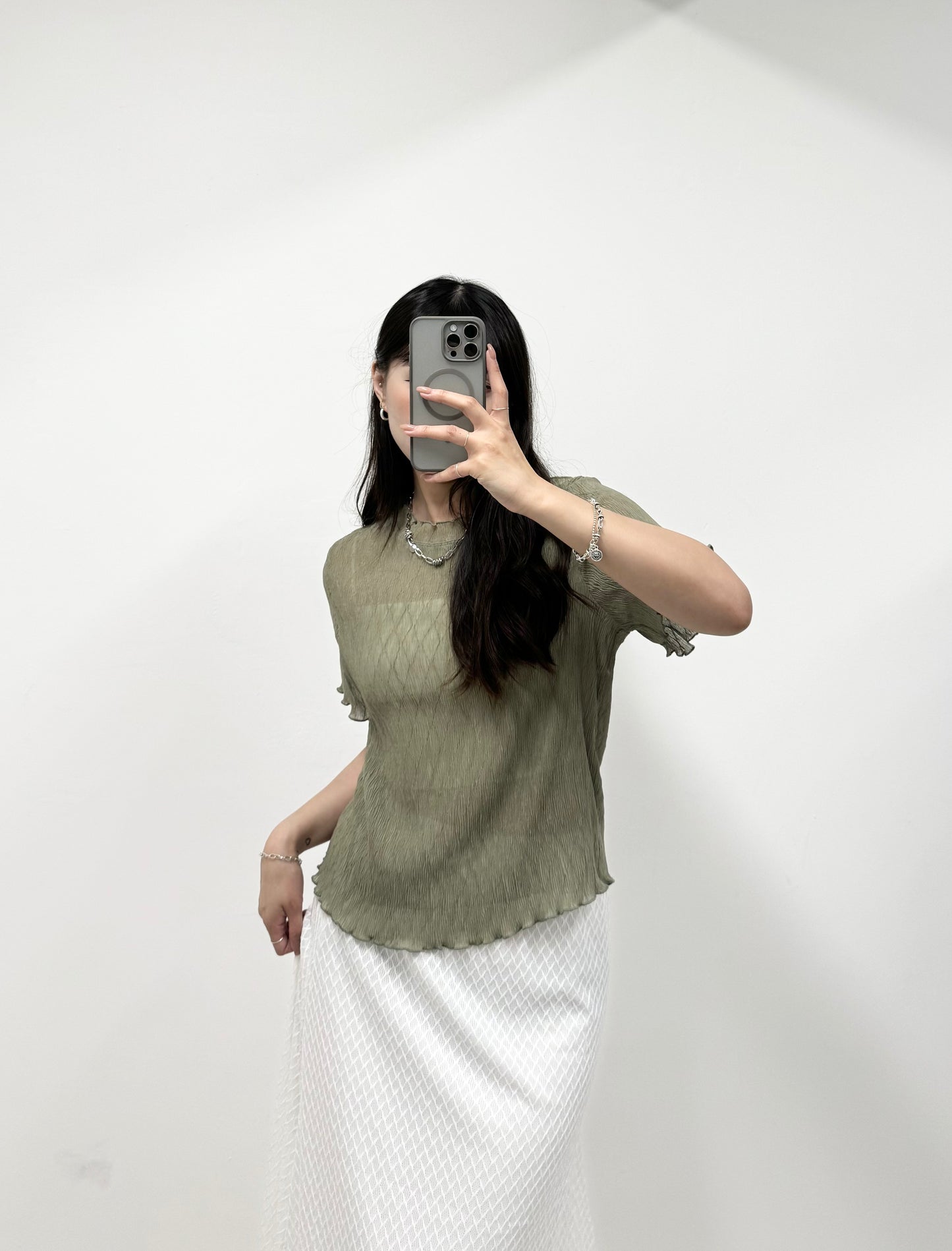 S797 菱形格紋微透上衣