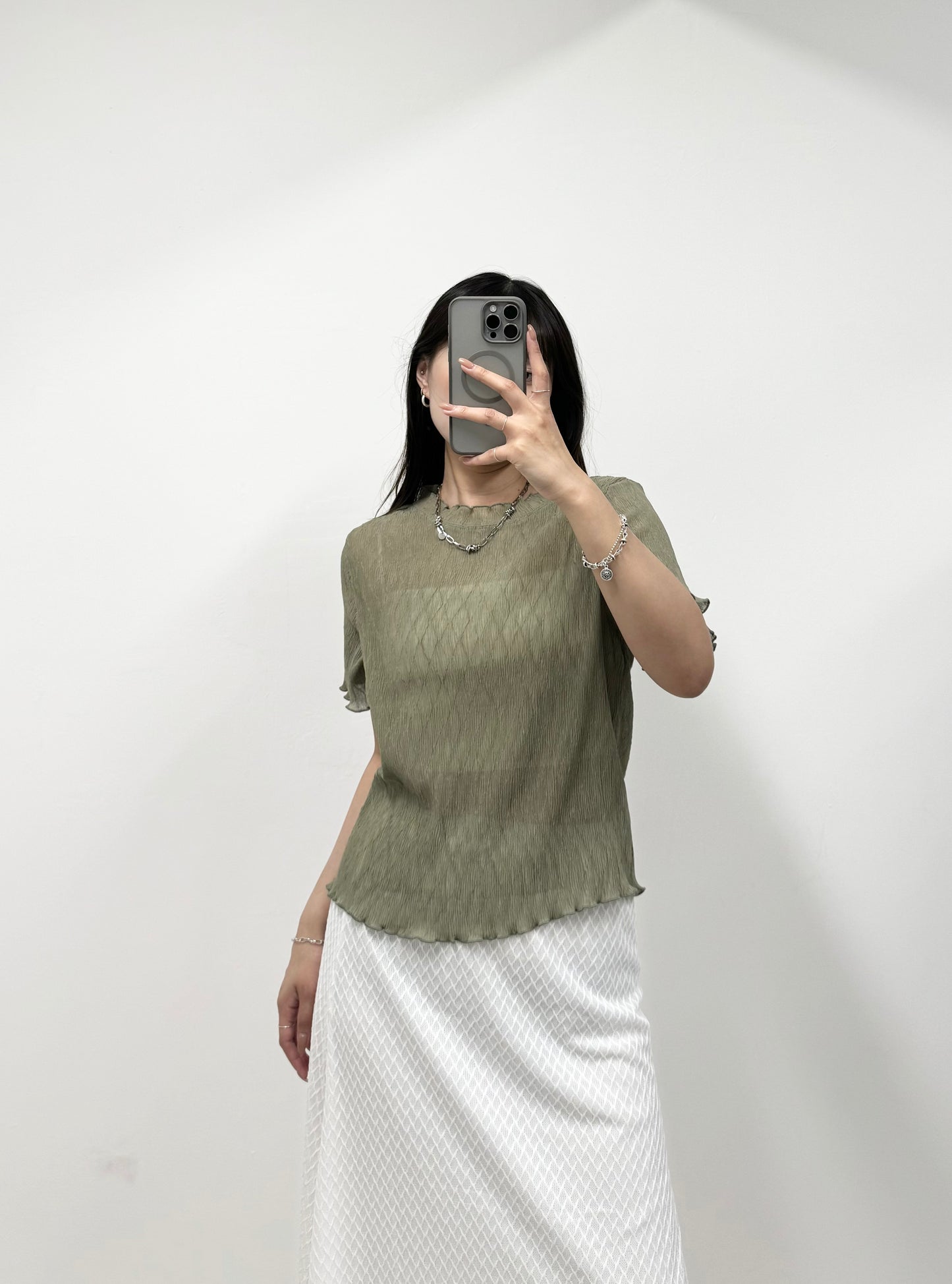 S797 菱形格紋微透上衣