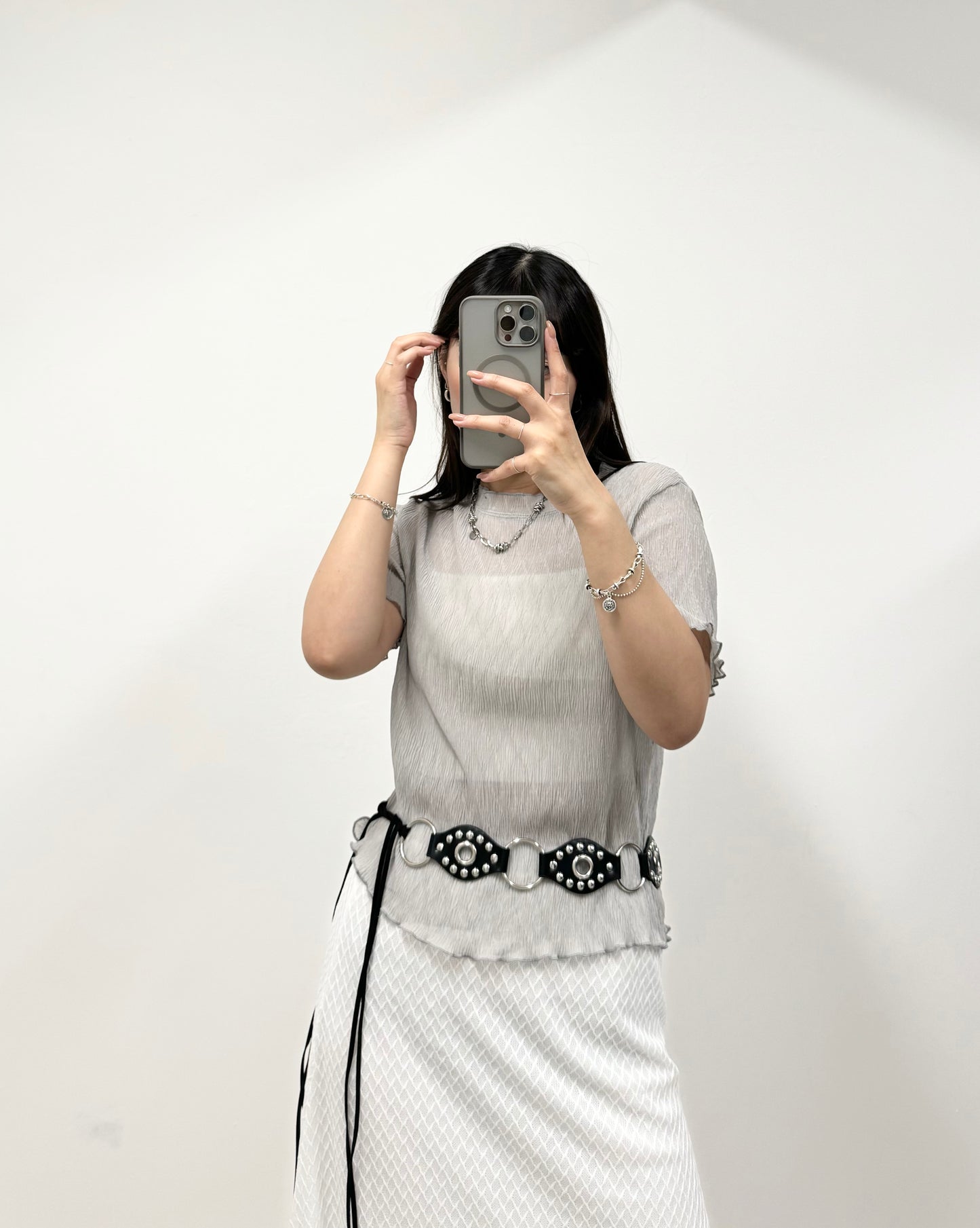 S797 菱形格紋微透上衣