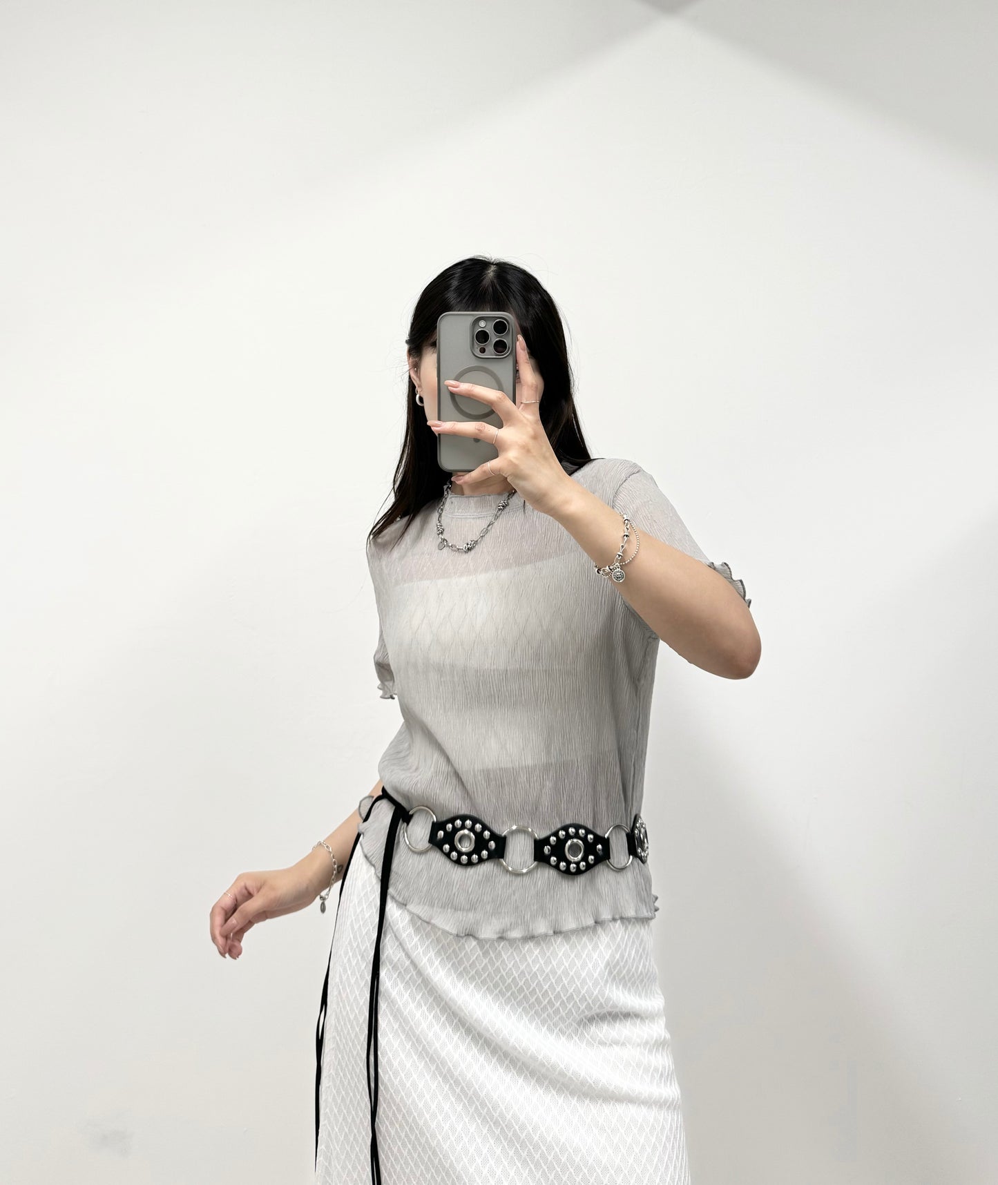 S797 菱形格紋微透上衣